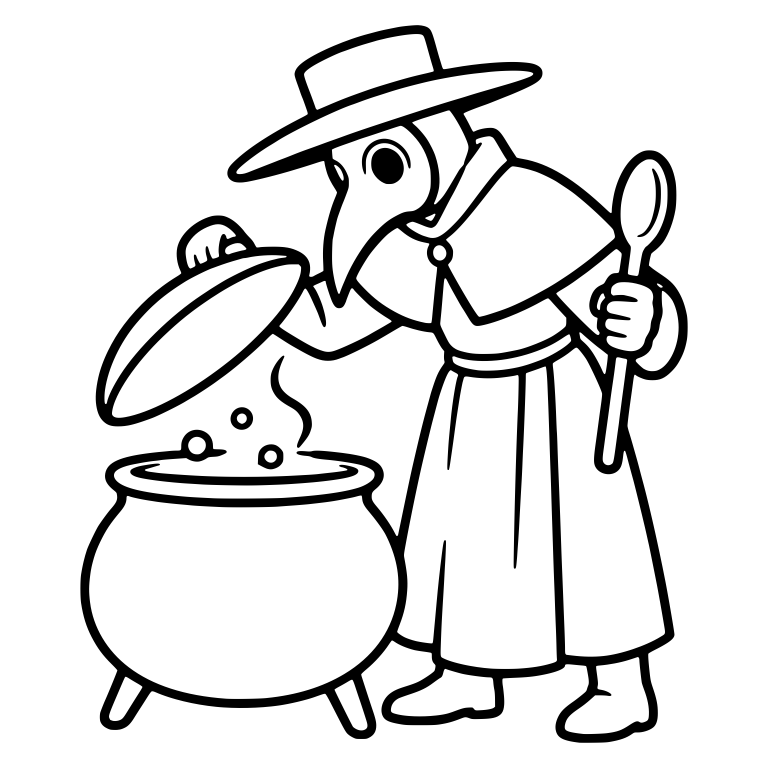 Plague Doctor Lifting Cauldron Lid with Wooden Spoon — free characters SVG cut file