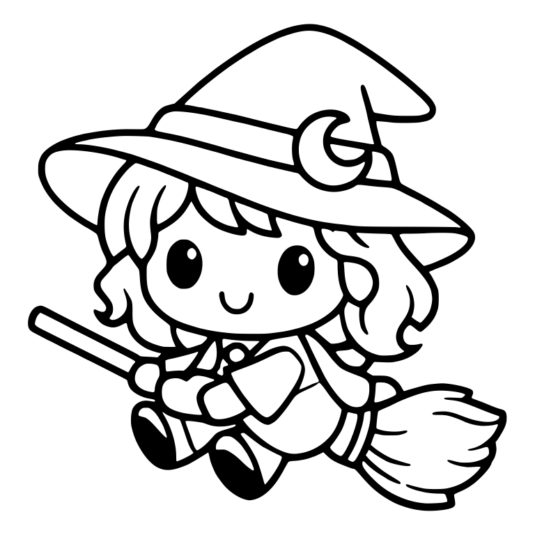 Little Witch Flying on a Broom with Crescent Moon Hat — free characters SVG cut file