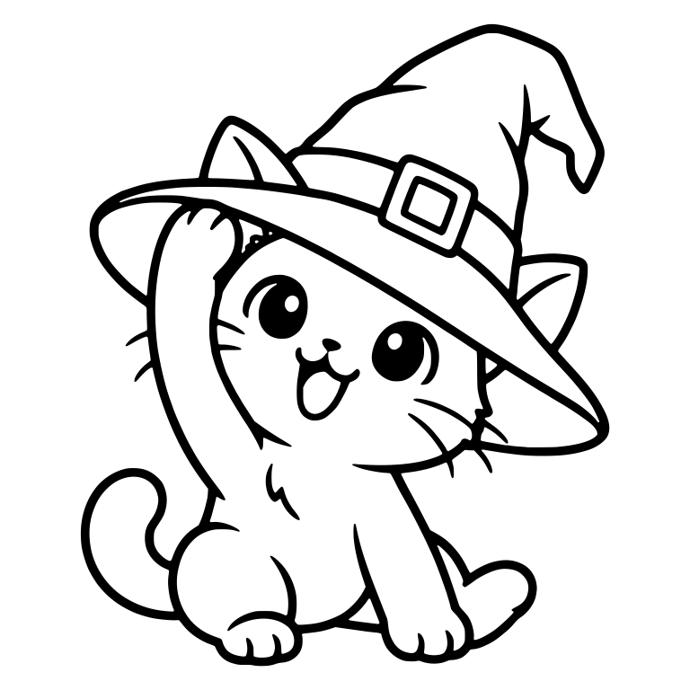 Kitten Touching Witch Hat Brim with Raised Paw — free animal SVG cut file