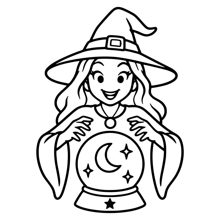 Smiling Witch With Moon and Stars Crystal Ball — free characters SVG cut file