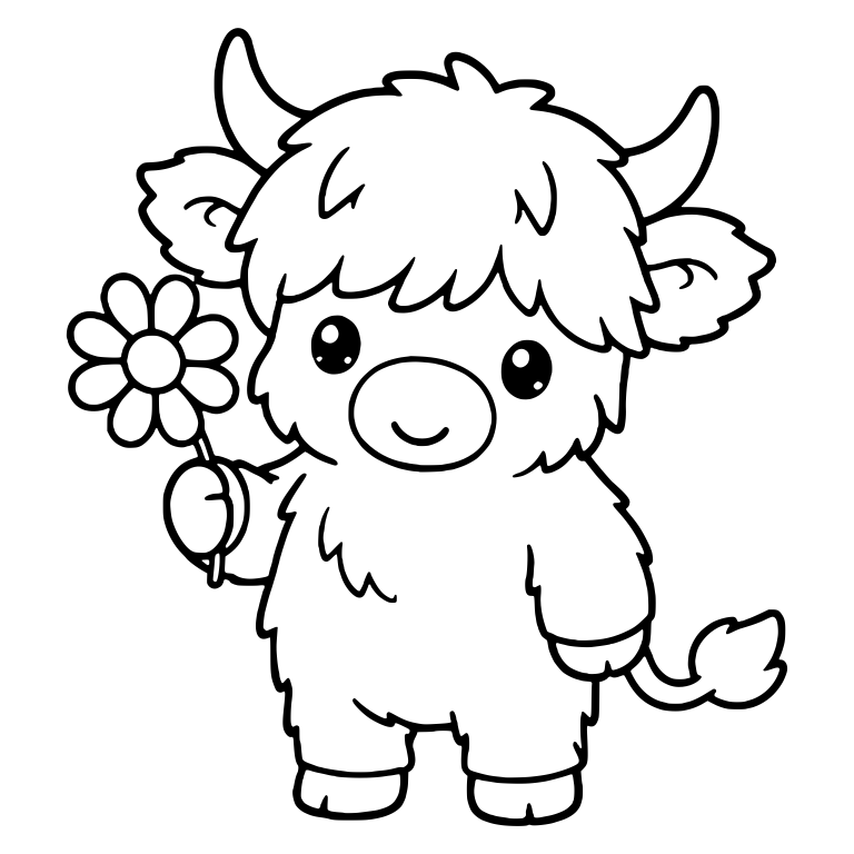 Standing Highland Calf Holding a Big Daisy — free animal SVG cut file