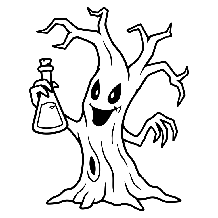 Grinning Spooky Tree Holding a Potion Bottle — free floral SVG cut file