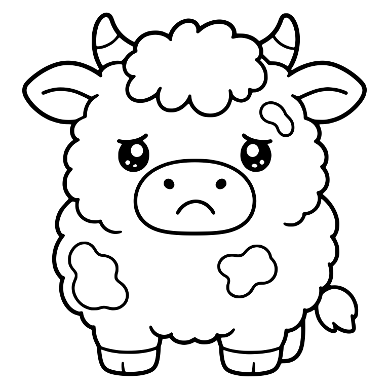 Frowning Fluffy Cow With Curly Fur Standing — free animal SVG cut file