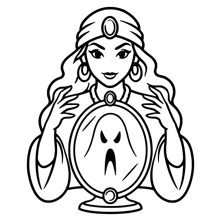 Fortune Teller With Ghost in Oval Standing Mirror — free characters SVG cut file