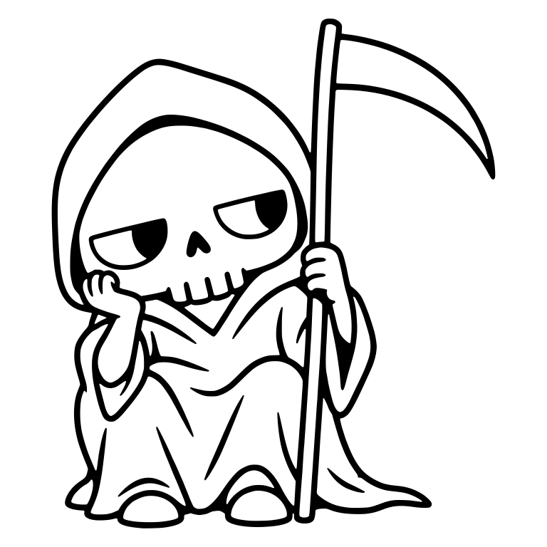 Bored Grim Reaper Resting Chin on Hand Beside Tall Scythe — free characters SVG cut file