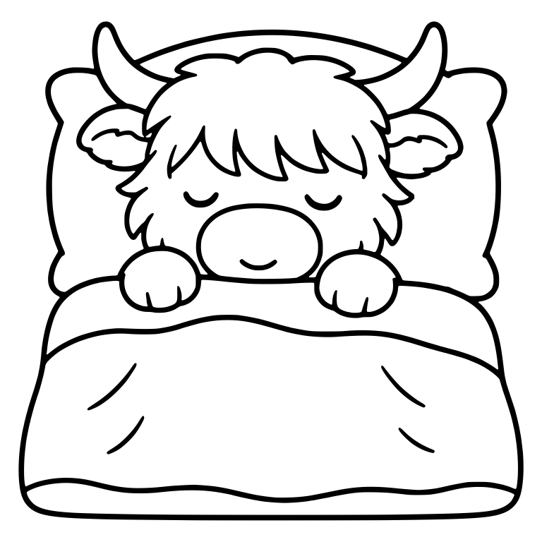 Highland Cow Tucked In Bed With Pillow And Blanket — free animal SVG cut file