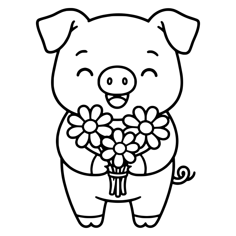 Happy Piglet Holding A Bouquet Of Daisies — free animal SVG cut file