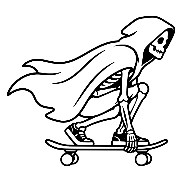 Low Crouching Hooded Skeleton Grabbing Skateboard — free skeleton SVG cut file