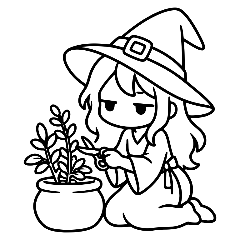 Bored Witch Trimming Leafy Plant with Small Scissors — free characters SVG cut file