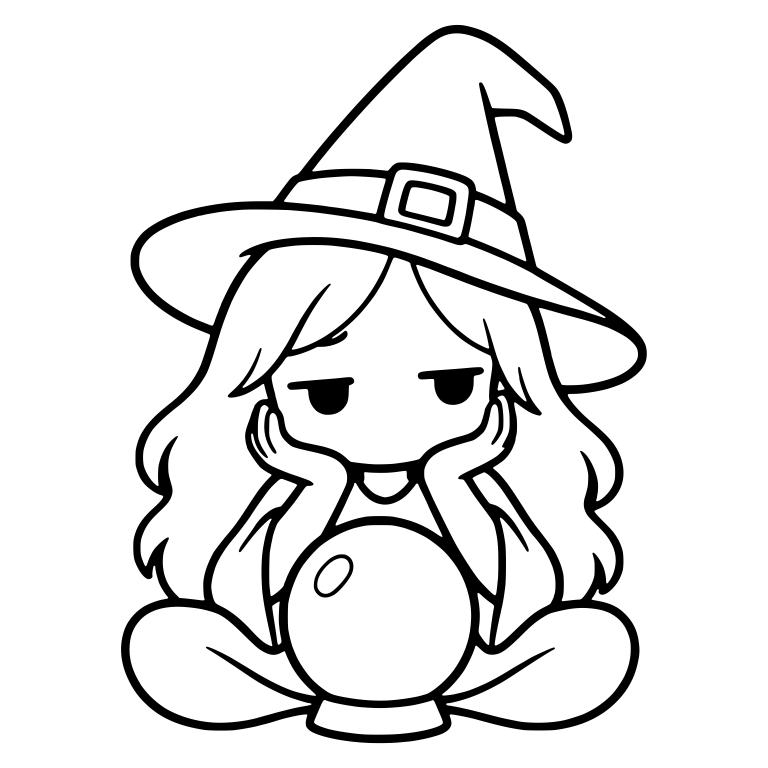 Cross-Legged Bored Witch with Crystal Ball, Hands on Cheeks — free characters SVG cut file