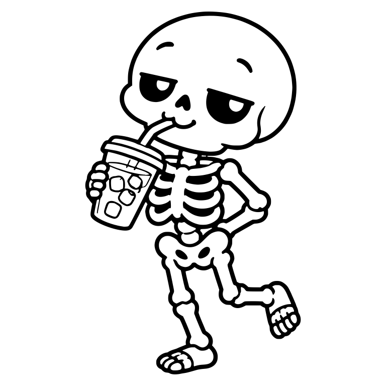 Relaxed Skeleton Strolling with Iced Coffee Hand on Hip — free skeleton SVG cut file