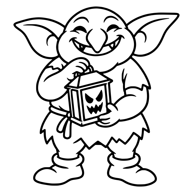 Grinning Goblin Cradling Lantern with Jagged Face — free fantasy-creature SVG cut file