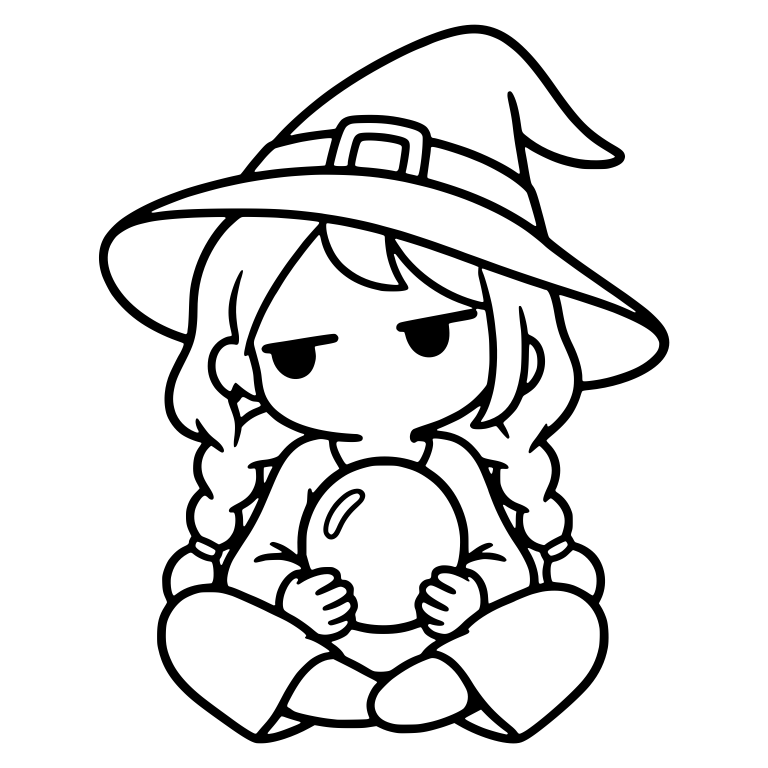Bored Witch with Braids Holding Crystal Ball, Cross-Legged — free characters SVG cut file