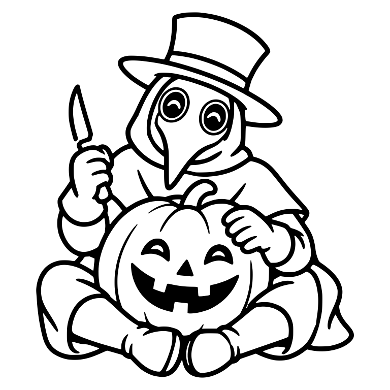 Plague Doctor Sitting with Knife Behind a Big Pumpkin — free characters SVG cut file