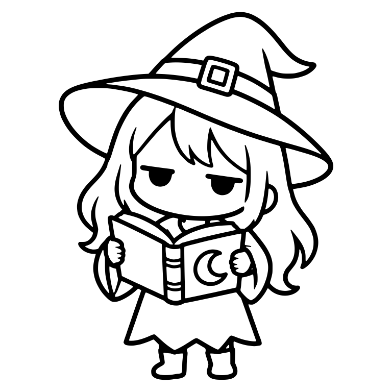 Bored Witch Reading Open Spellbook with Moon Cover — free characters SVG cut file