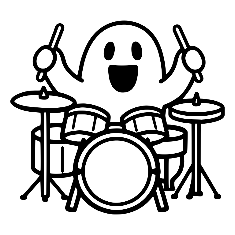 Happy Ghost Playing Full Drum Kit with Cymbals — free fantasy-creature SVG cut file