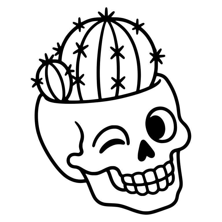 Winking Skull Planter with Barrel Cactus and Baby Cactus — free skeleton SVG cut file