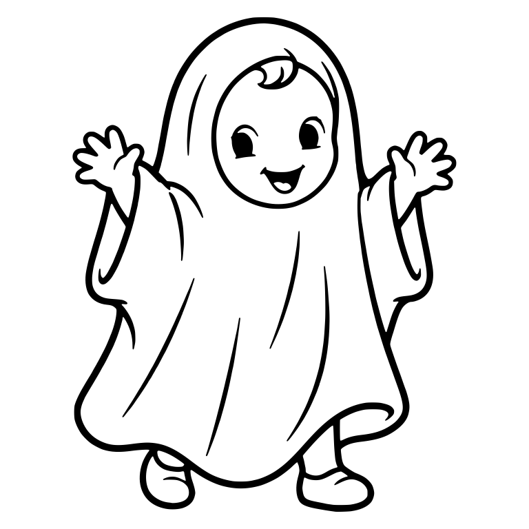 Kid in Sheet Ghost Costume Waving Both Hands — free characters SVG cut file