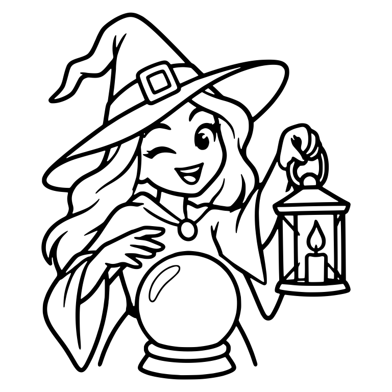 Winking Witch with Raised Lantern and Crystal Ball — free characters SVG cut file