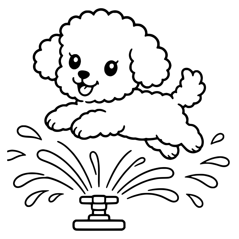 Curly Puppy Leaping Over Water Sprinkler — free animal SVG cut file
