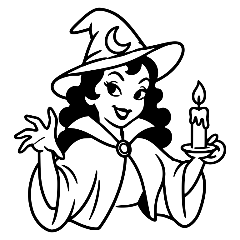 Retro Witch Holding Candle in Moon Hat — free characters SVG cut file