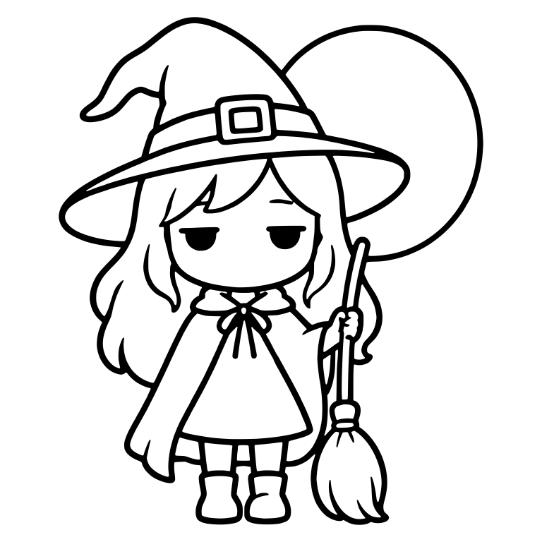 Bored Witch Holding Broom in Front of Big Full Moon — free characters SVG cut file
