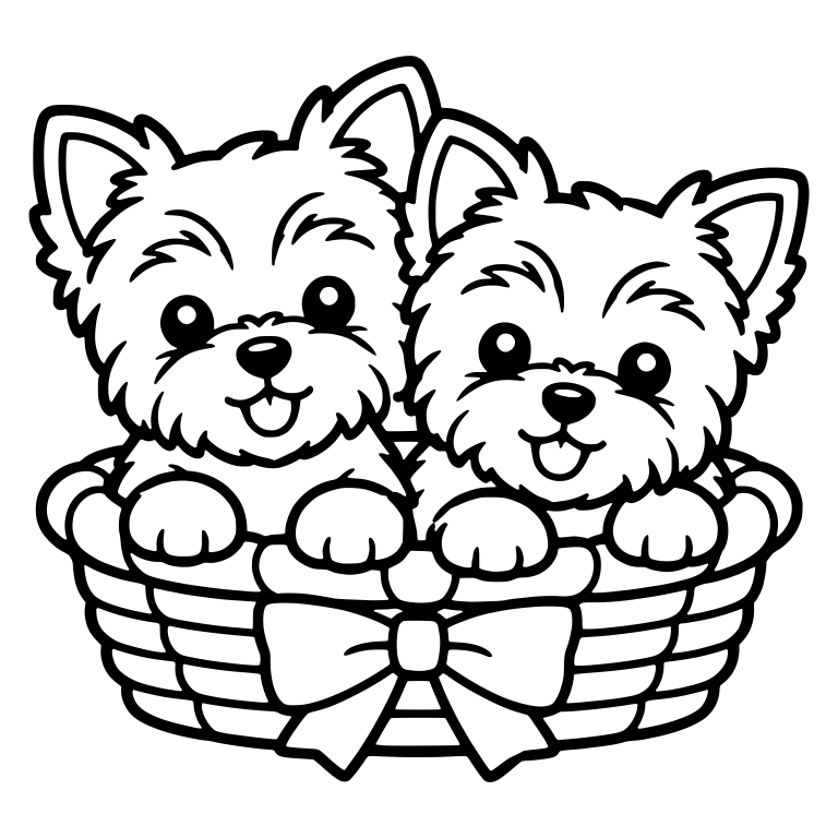 Two Yorkie Puppies in a Basket With a Big Bow — free animal SVG cut file