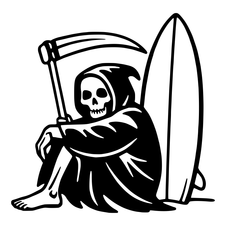 Grim Reaper Sitting on the Sand Beside a Surfboard — free characters SVG cut file