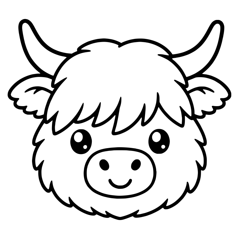 Smiling Highland Cow Face with Long Horns and Fringe — free animal SVG cut file