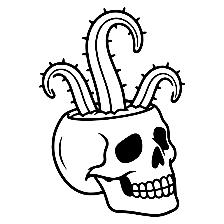 Side-View Skull Planter With Three Curled Fishhook Cacti — free skeleton SVG cut file