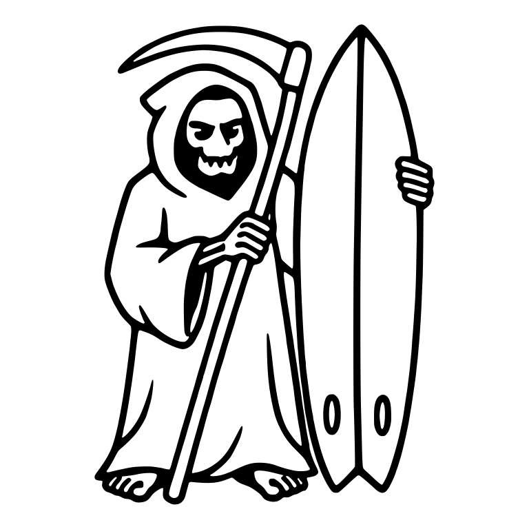 Barefoot Reaper with Scythe Standing by Surfboard — free characters SVG cut file