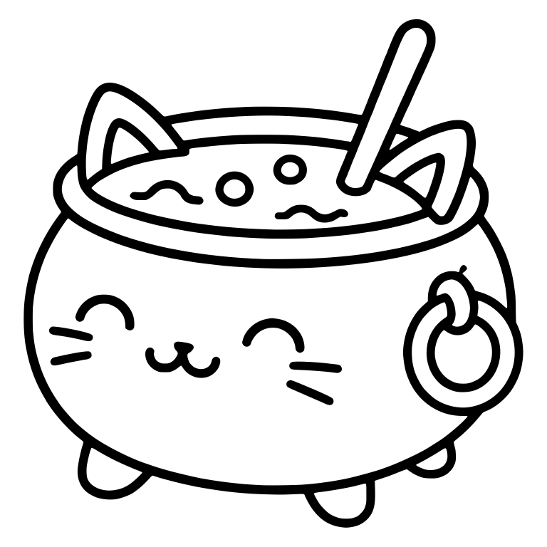 Cat-Faced Cauldron with Bubbling Brew and Spoon — free objects SVG