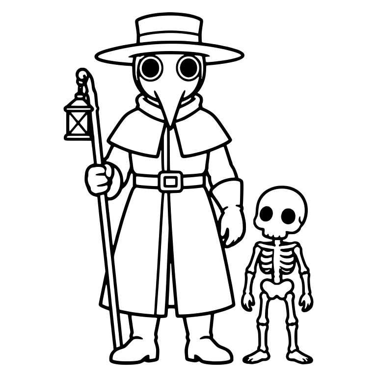 Plague Doctor with Lantern Staff and Small Skeleton — free characters SVG cut file