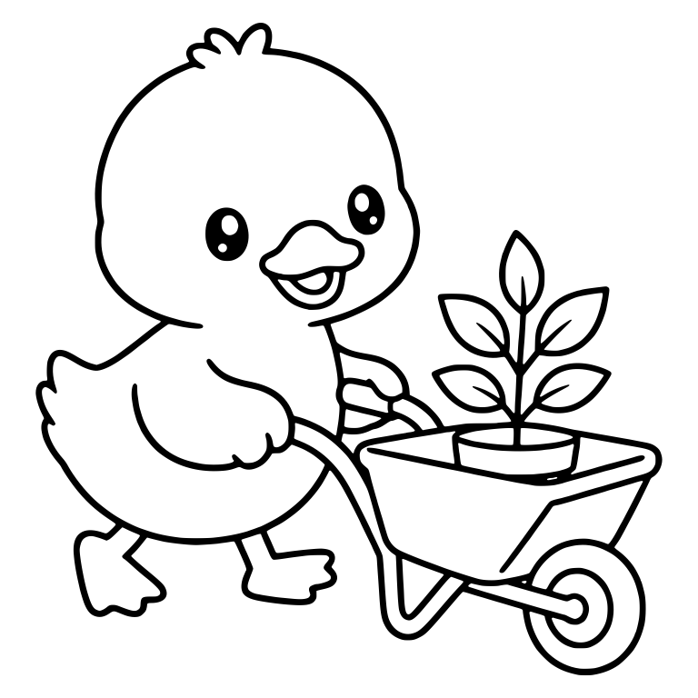 Duckling Pushing Wheelbarrow With Potted Plant — free animal SVG cut file
