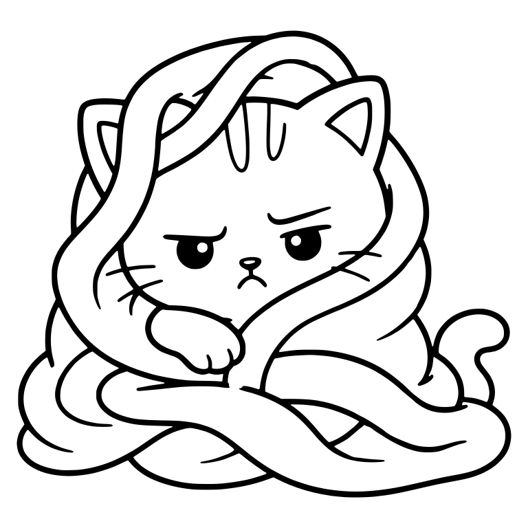 Grumpy Kitten Tangled in Thick Swirling Blanket Folds — free animal SVG cut file