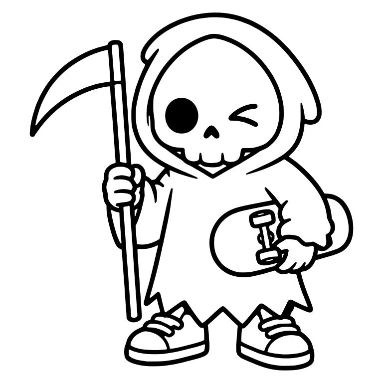 Winking Grim Reaper Holding Scythe and Skateboard — free characters SVG cut file