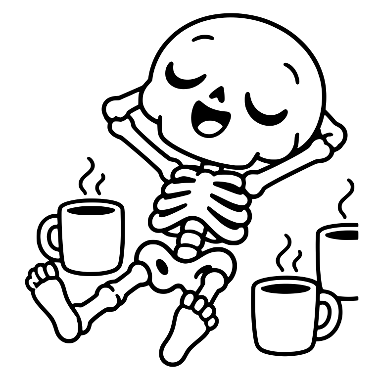 Relaxed Kawaii Skeleton Lounging Among Steaming Mugs — free skeleton SVG cut file