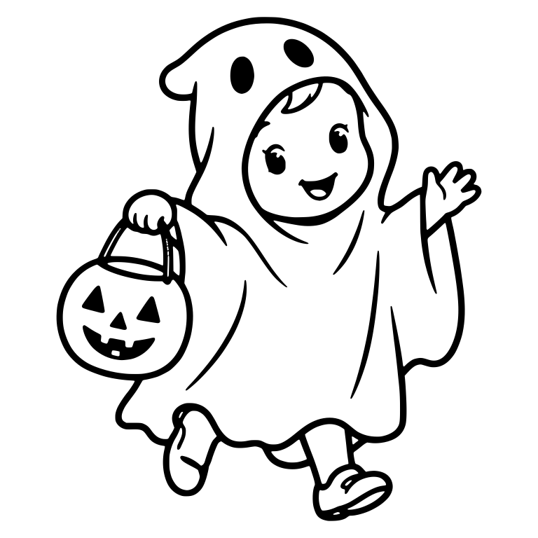 Ghost Costume Kid Walking and Waving With Pumpkin Bucket — free characters SVG cut file