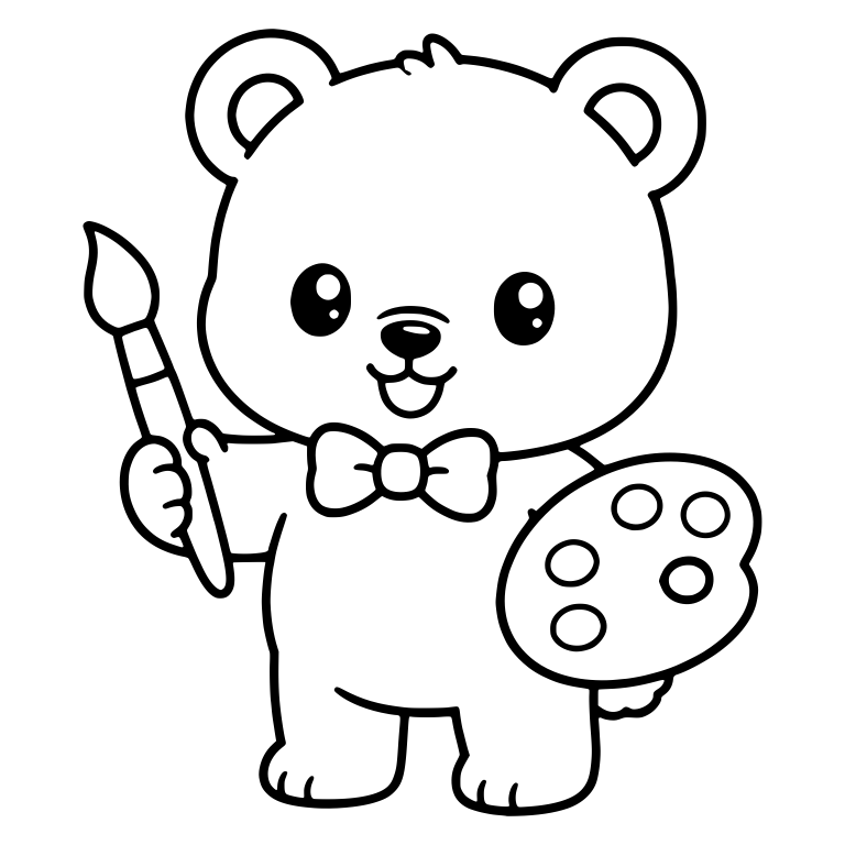 Kawaii Bear Cub in a Bow Tie with Brush and Palette — free animal SVG cut file