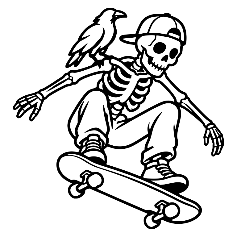 Skeleton Skater In Cap With Raven Perched On Shoulder — free skeleton SVG cut file
