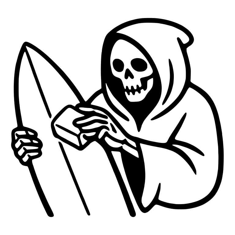 Reaper Holding Surf Wax Bar Beside Surfboard — free characters SVG cut file