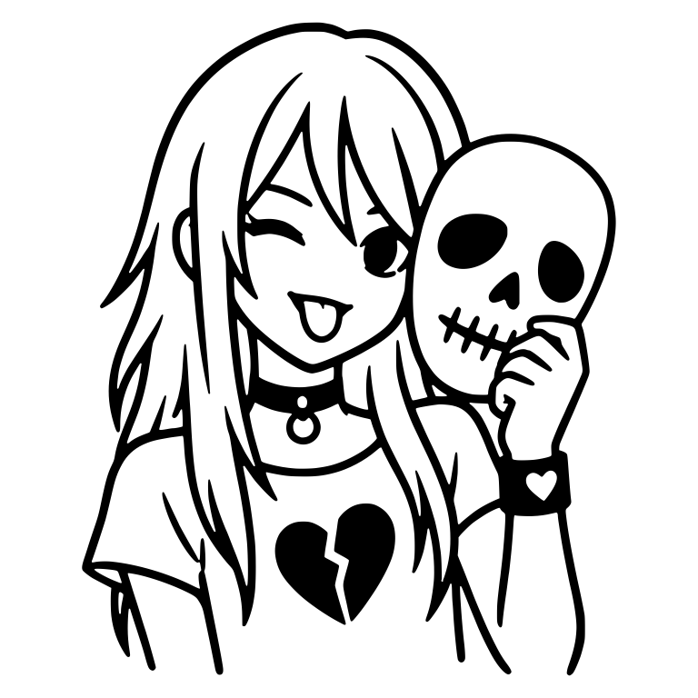 Winking Emo Girl in Broken Heart Tee Holding Skull Mask — free characters SVG cut file