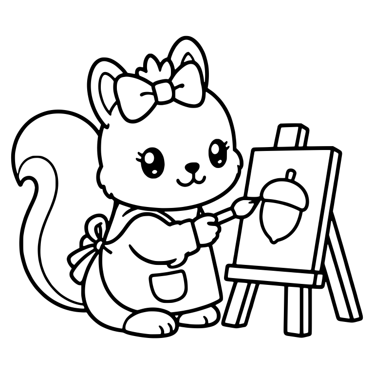 Squirrel With Hair Bow Painting an Acorn on Easel — free animal SVG cut file