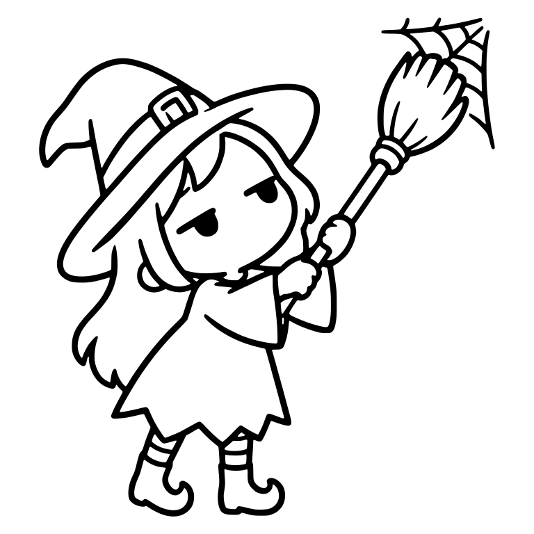 Bored Witch in Curled-Toe Boots Sweeping High Cobweb — free characters SVG cut file