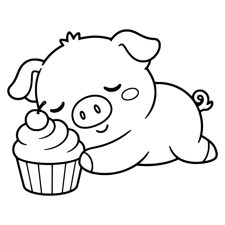 Sleepy Piglet Lying Beside Cherry Cupcake — free animal SVG cut file