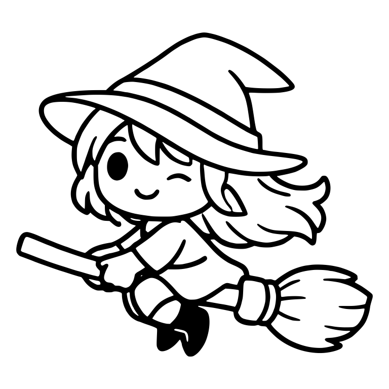 Winking Witch Girl on Broom with Long Windblown Hair — free characters SVG cut file