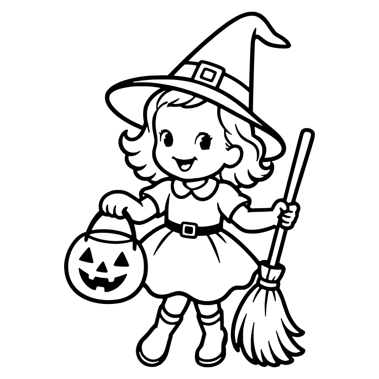 Witch Costume Girl With Broom and Pumpkin Bucket — free characters SVG cut file