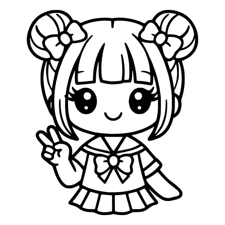 Kawaii Sailor Uniform Girl with Hair Buns and Peace Sign — free characters SVG cut file