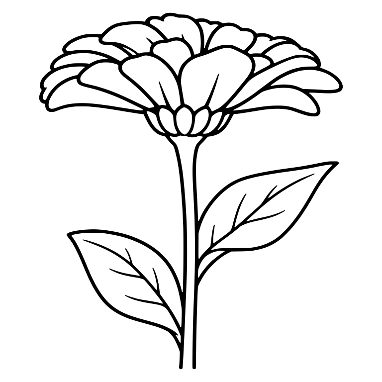 Layered Zinnia Bloom Side View on Tall Stem with Two Leaves — free floral SVG cut file