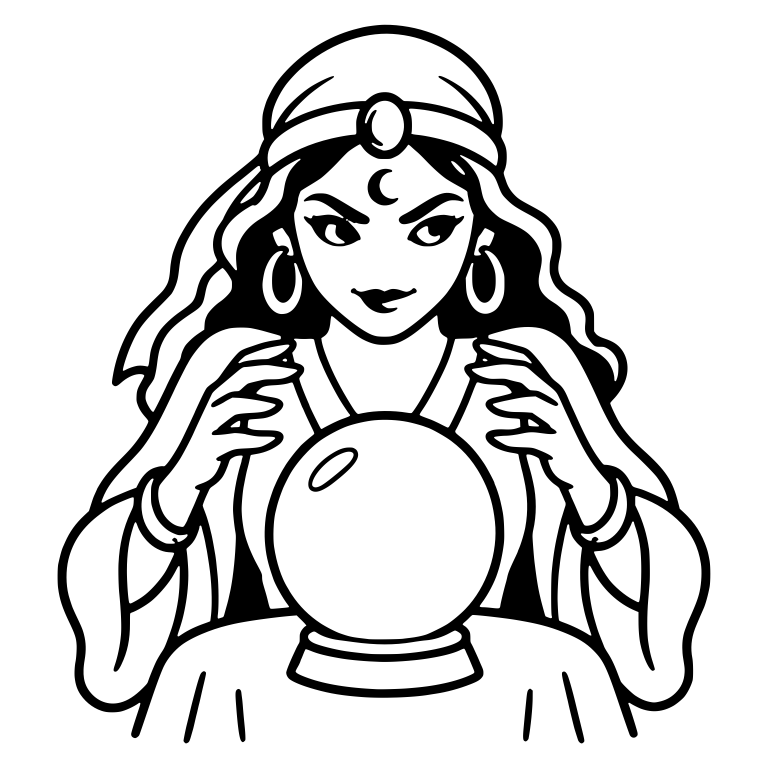 Smirking Fortune Teller Over Crystal Ball at Table — free characters SVG cut file